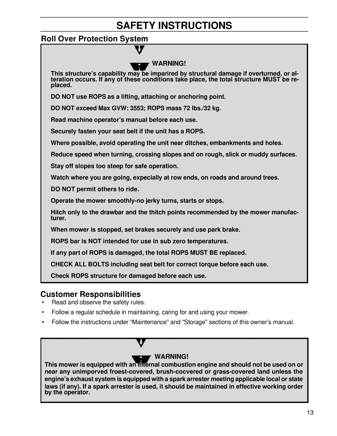 Husqvarna BZ6127TD/968999262, BZ7234TD/968999264 manual Roll Over Protection System, Customer Responsibilities 