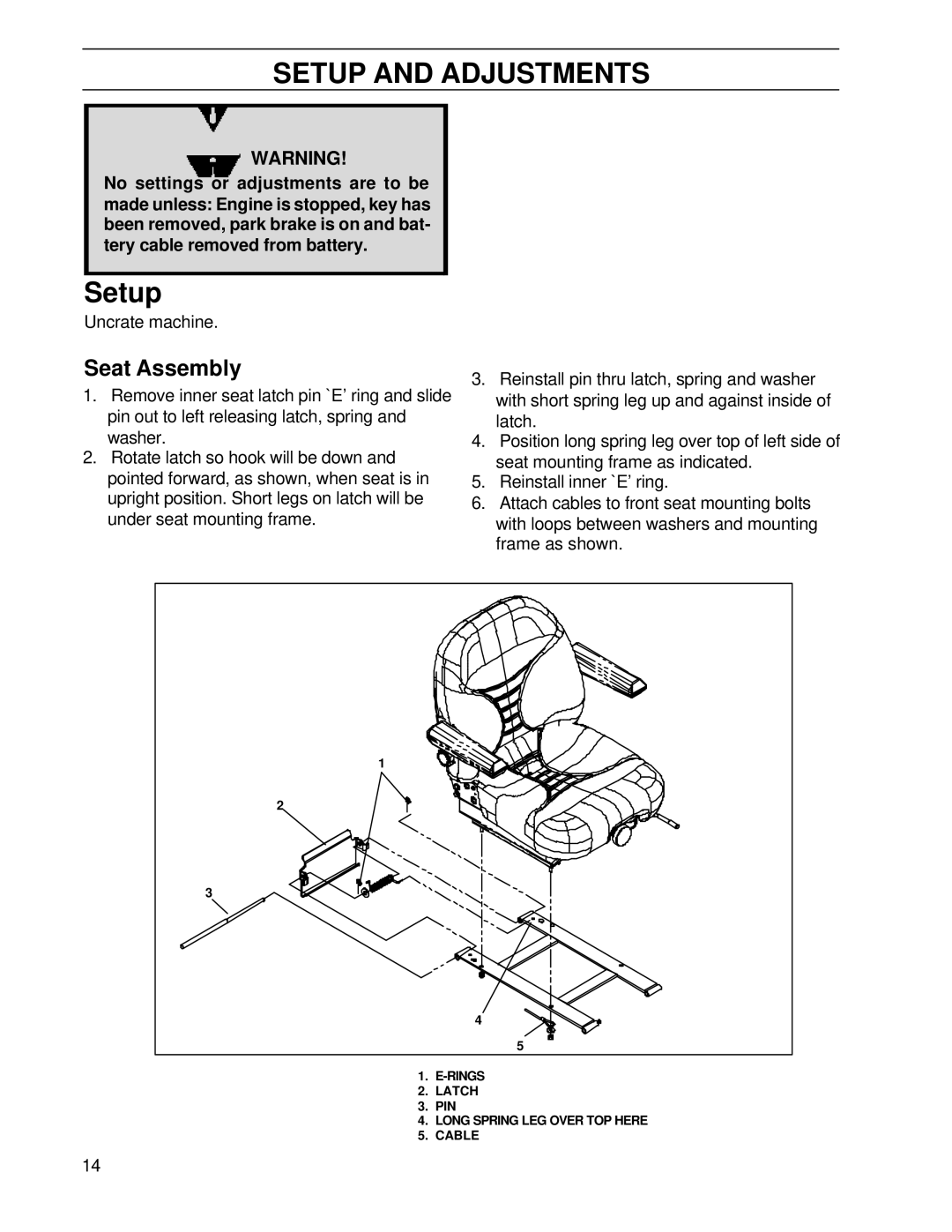 Husqvarna BZ7234TD/968999264, BZ6127TD/968999262 manual Setup and Adjustments, Seat Assembly 