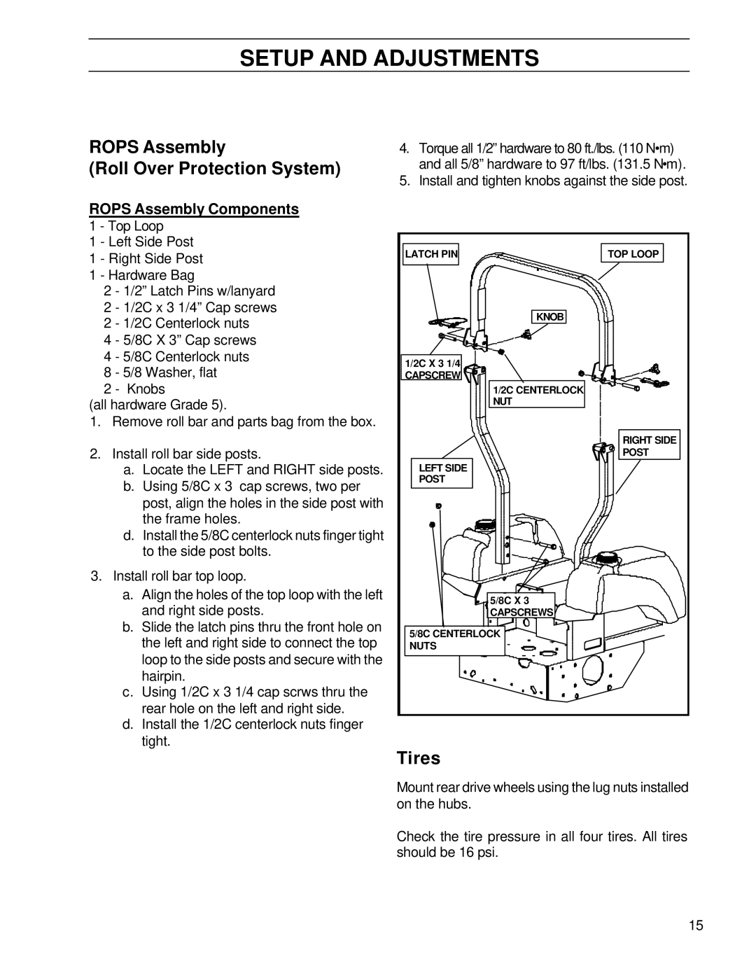 Husqvarna BZ6127TD/968999262 manual Rops Assembly Roll Over Protection System, Tires, Rops Assembly Components 