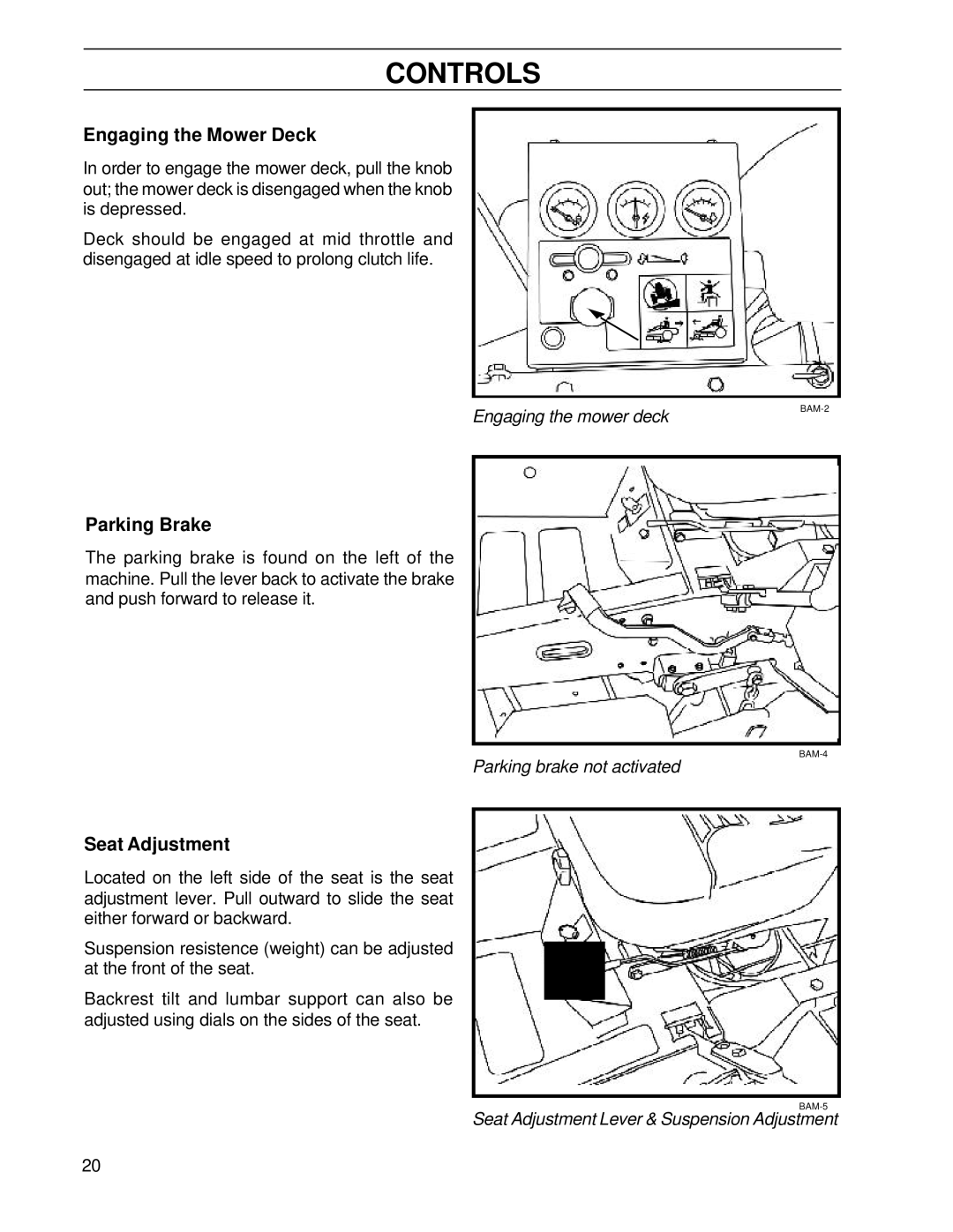 Husqvarna BZ7234TD/968999264, BZ6127TD/968999262 manual Engaging the Mower Deck, Parking Brake, Seat Adjustment 