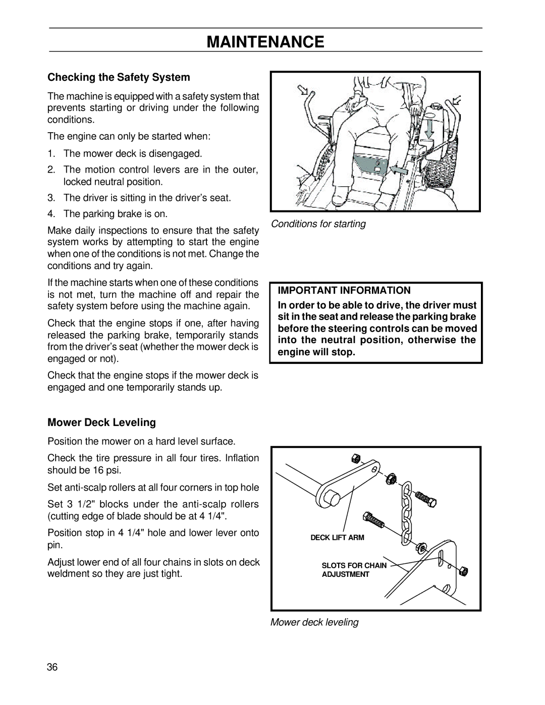 Husqvarna BZ7234TD/968999264, BZ6127TD/968999262 manual Checking the Safety System, Mower Deck Leveling 