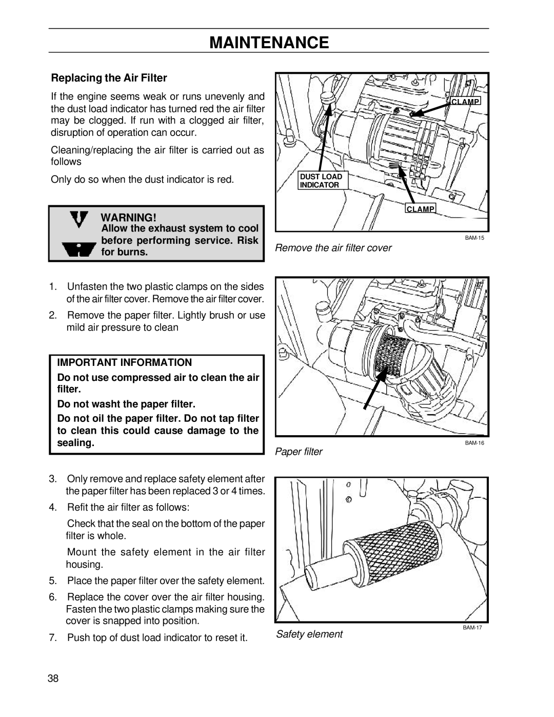 Husqvarna BZ7234TD/968999264, BZ6127TD/968999262 manual Replacing the Air Filter 