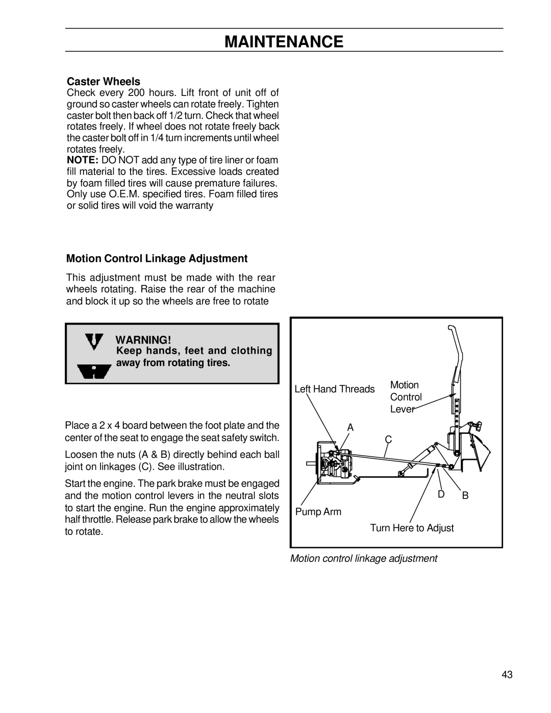 Husqvarna BZ6127TD/968999262, BZ7234TD/968999264 manual Caster Wheels, Motion Control Linkage Adjustment 