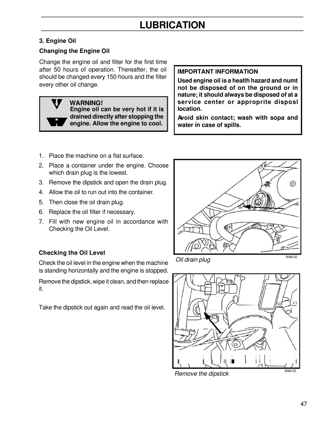 Husqvarna BZ6127TD/968999262, BZ7234TD/968999264 manual Engine Oil Changing the Engine Oil 