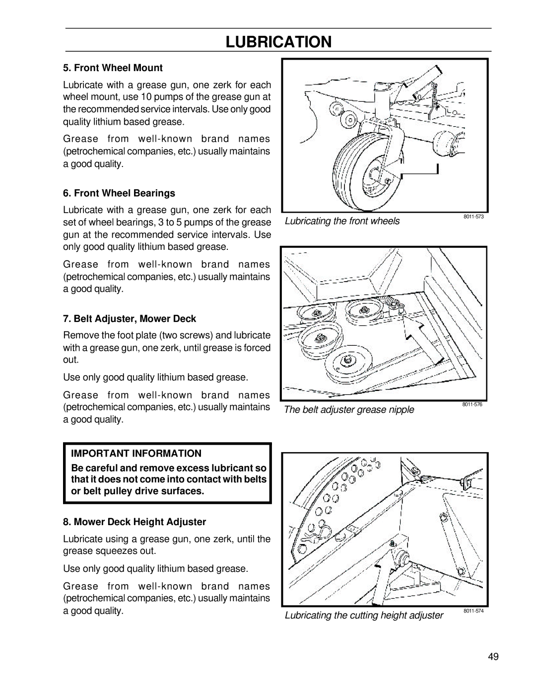 Husqvarna BZ6127TD/968999262, BZ7234TD/968999264 manual Front Wheel Mount, Front Wheel Bearings, Belt Adjuster, Mower Deck 