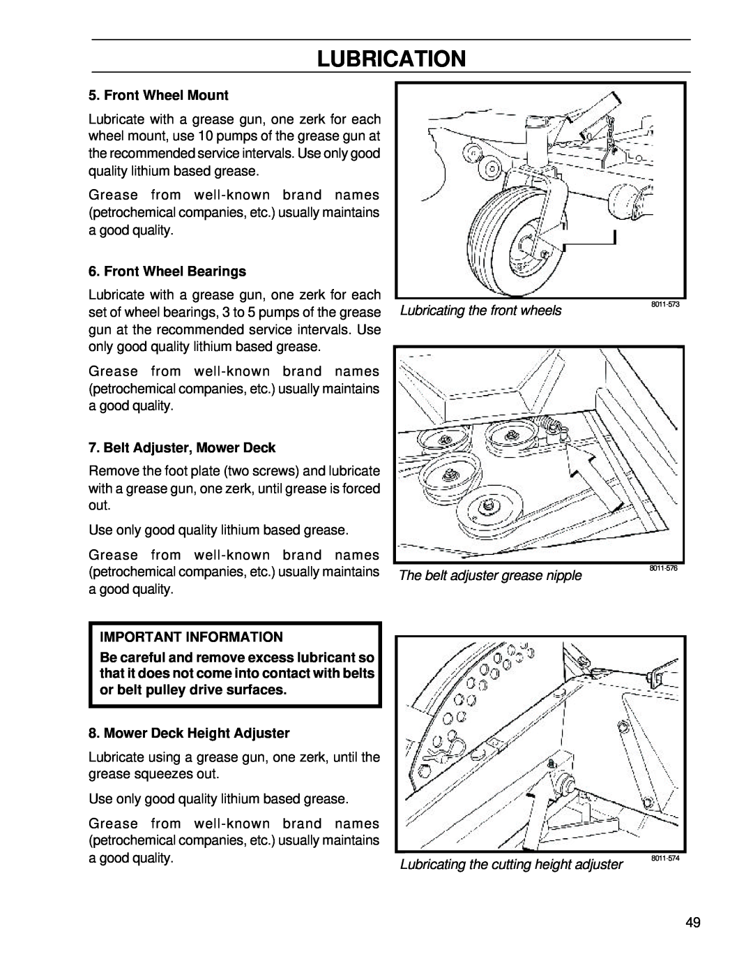 Husqvarna BZ6127TD/968999262 manual Front Wheel Mount, Front Wheel Bearings, Belt Adjuster, Mower Deck, Lubrication 
