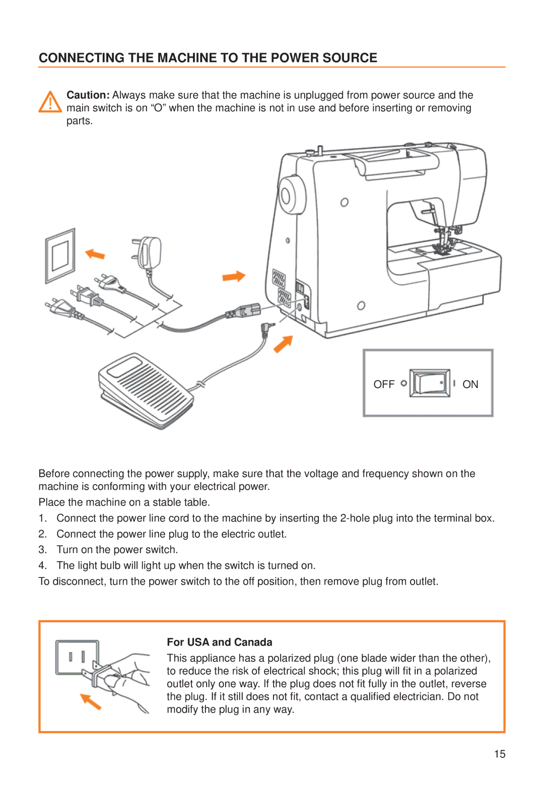 Husqvarna C10, C20 manual Connecting the Machine to the Power Source, For USA and Canada 