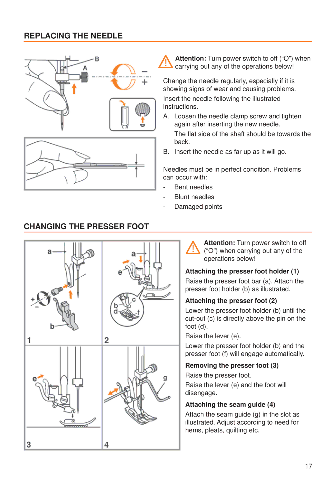 Husqvarna C10, C20 manual Replacing the Needle, Changing the Presser Foot 