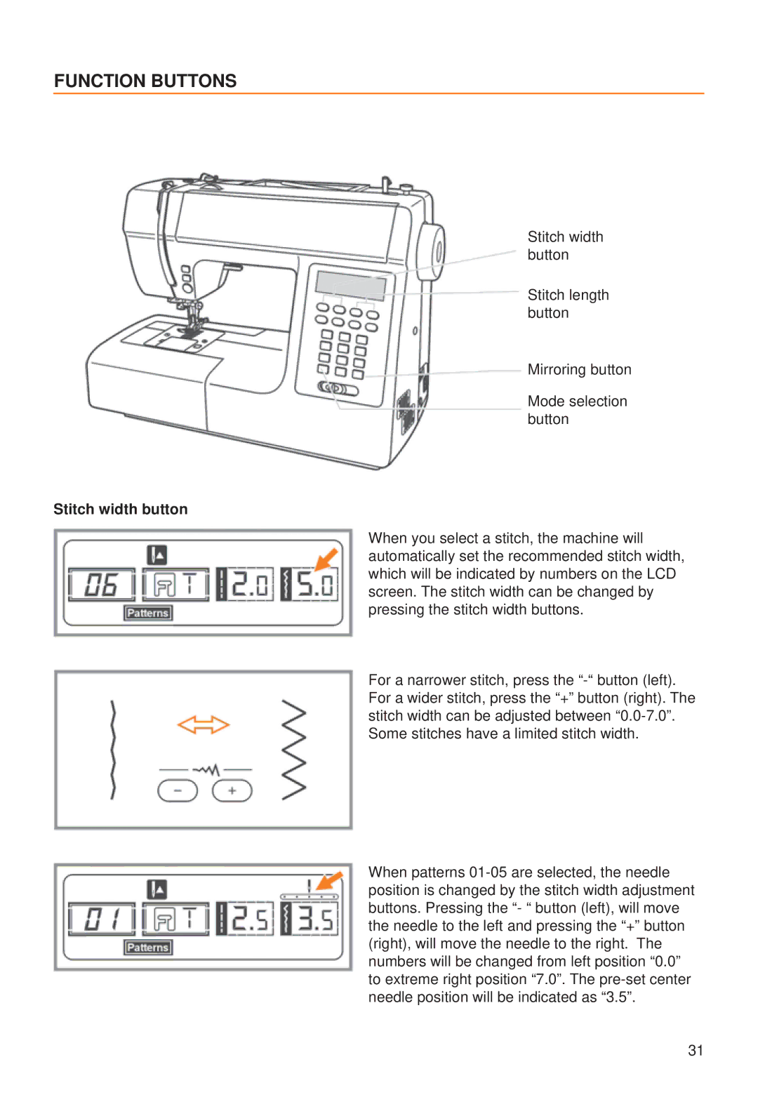 Husqvarna C10, C20 manual Function Buttons, Stitch width button 