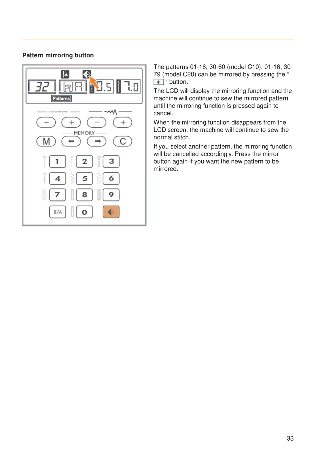 Husqvarna C10, C20 manual Pattern mirroring button 