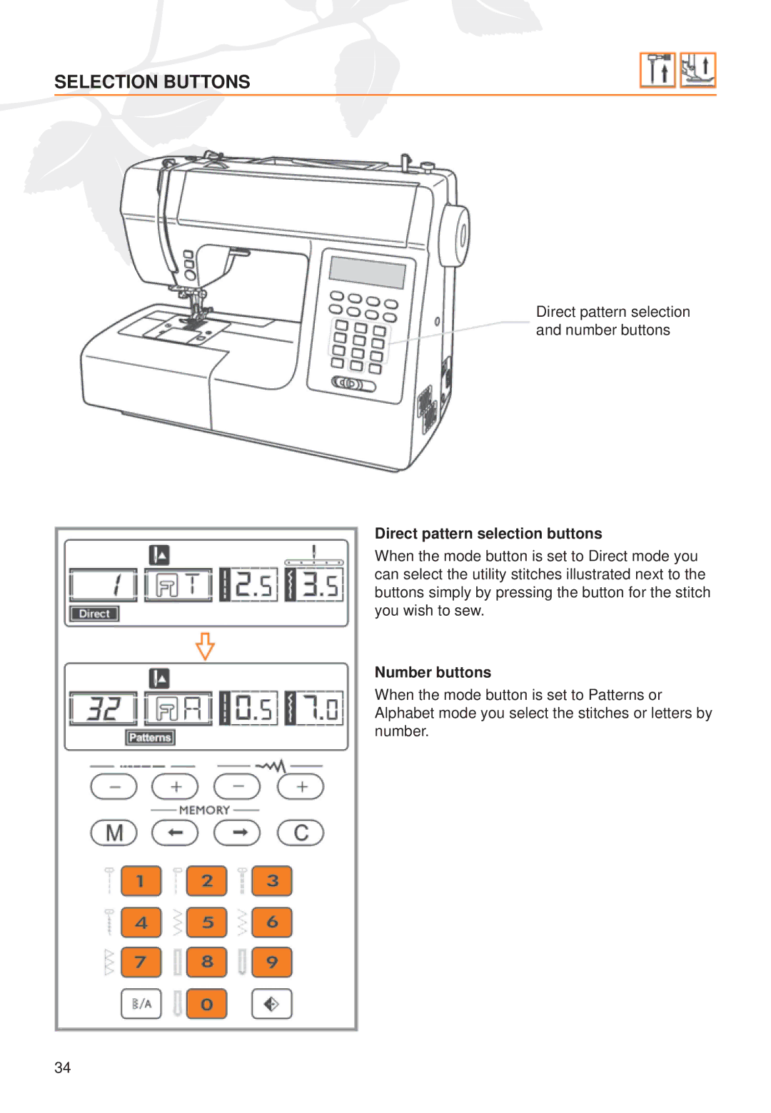 Husqvarna C20, C10 manual Selection Buttons, Direct pattern selection buttons, Number buttons 