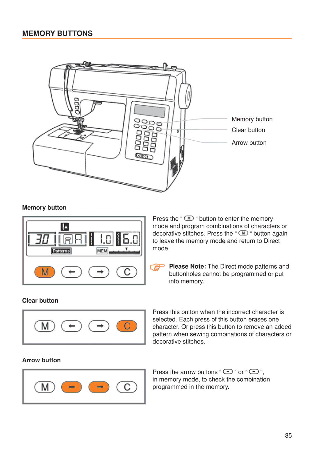 Husqvarna C10, C20 manual Memory Buttons, Memory button 