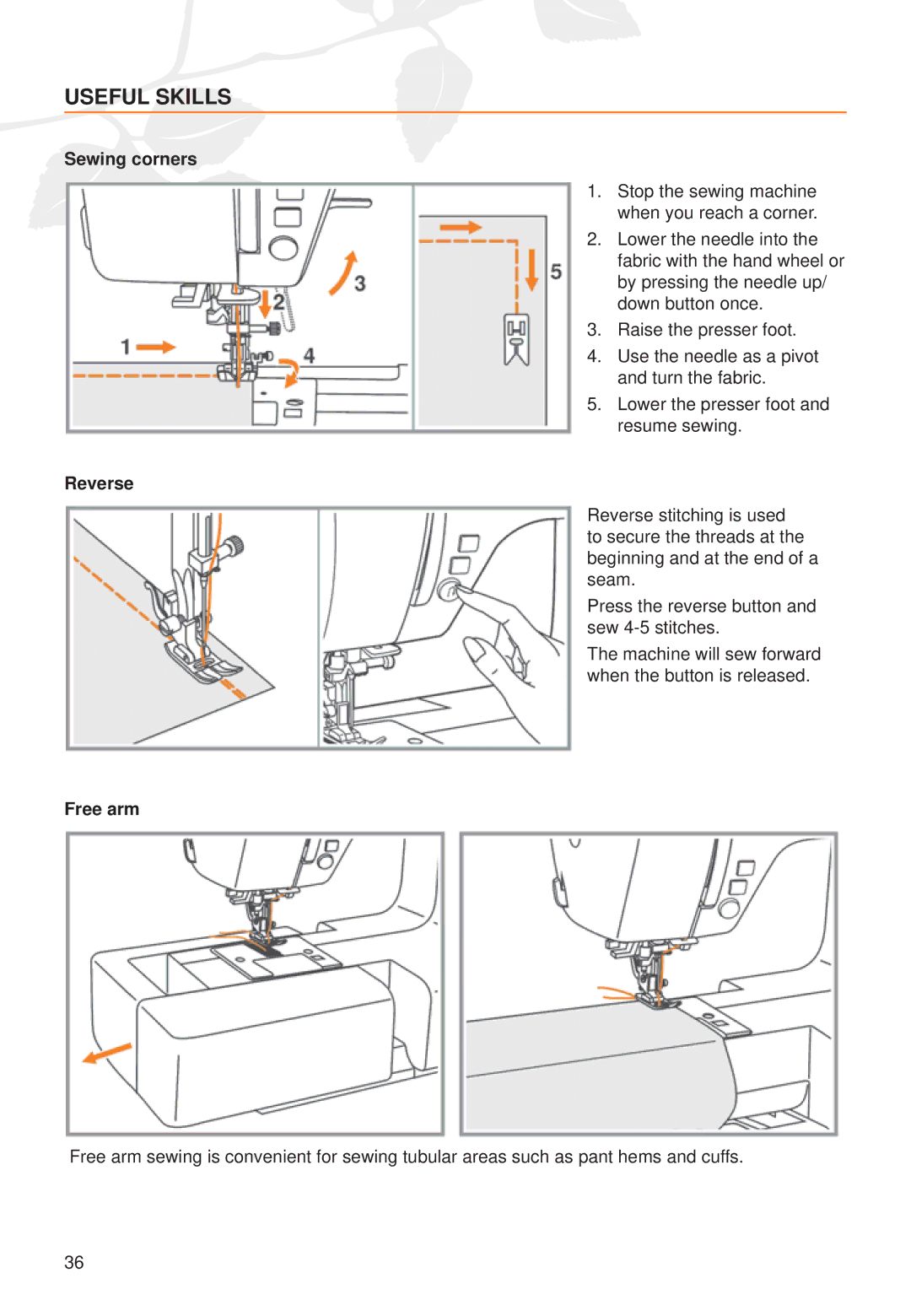 Husqvarna C20, C10 manual Useful Skills, Sewing corners, Reverse, Free arm 