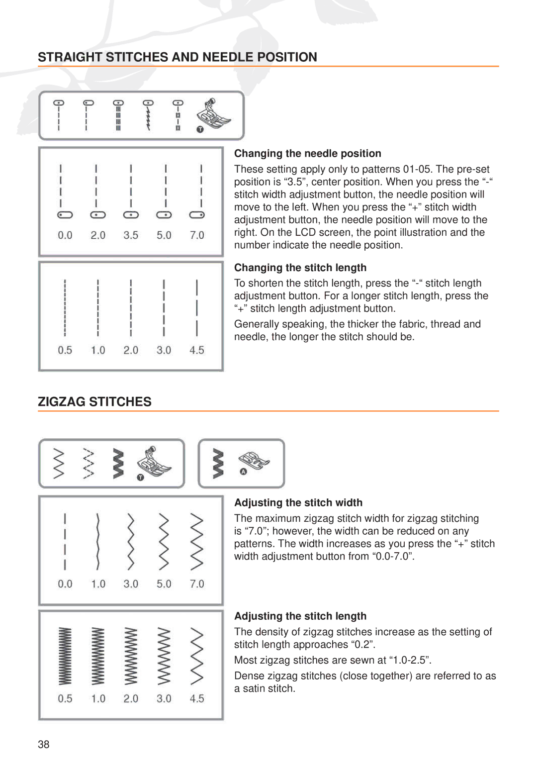 Husqvarna C20, C10 manual Straight Stitches and Needle Position, Zigzag Stitches 