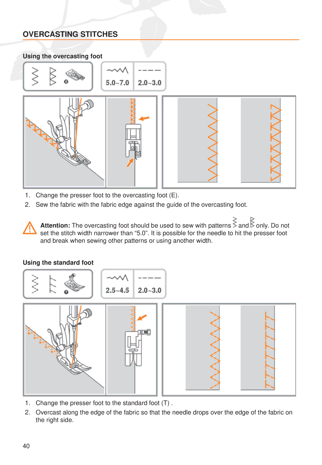 Husqvarna C20, C10 manual Overcasting Stitches, Using the overcasting foot, Using the standard foot 