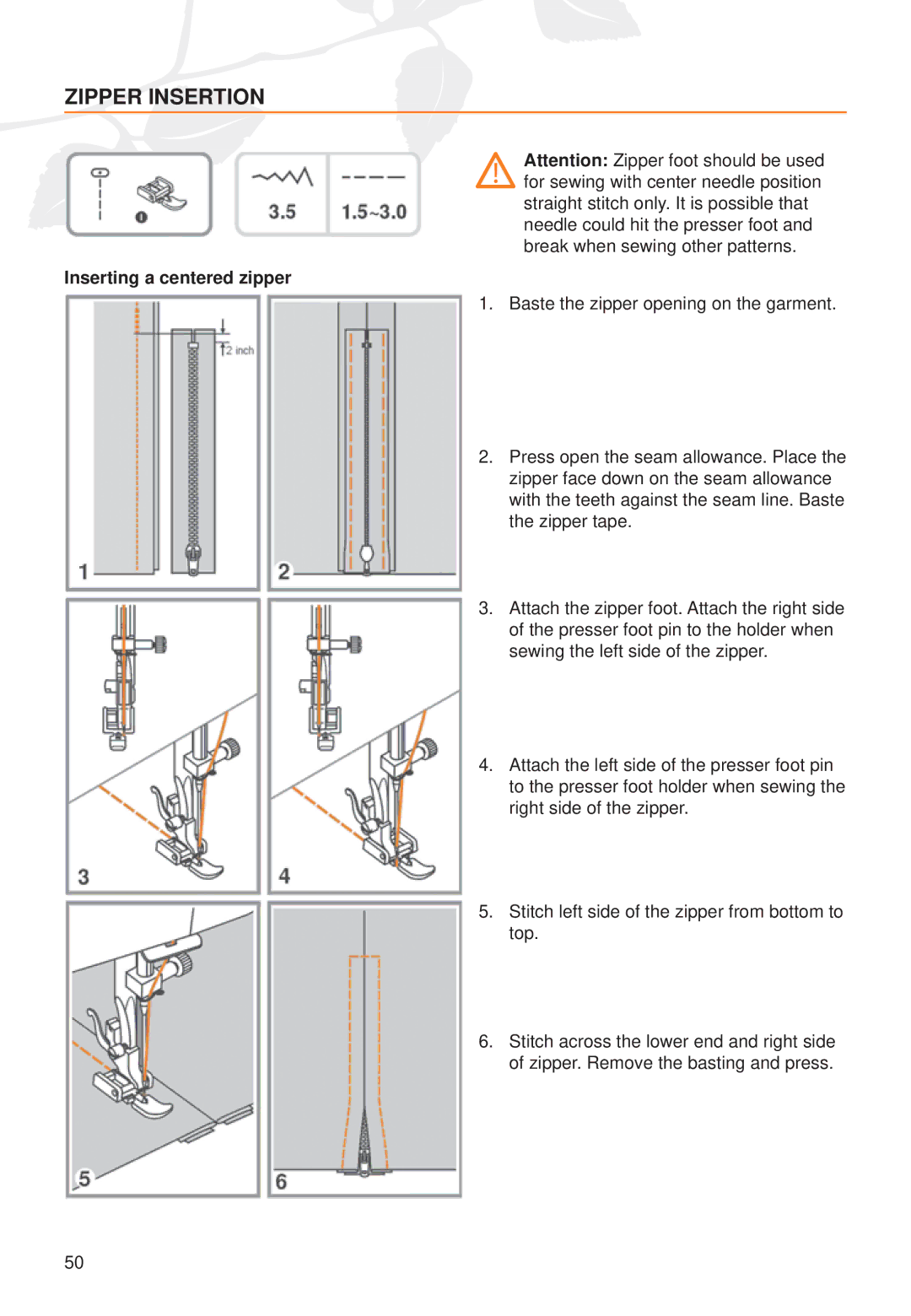 Husqvarna C20, C10 manual Zipper Insertion, Inserting a centered zipper 