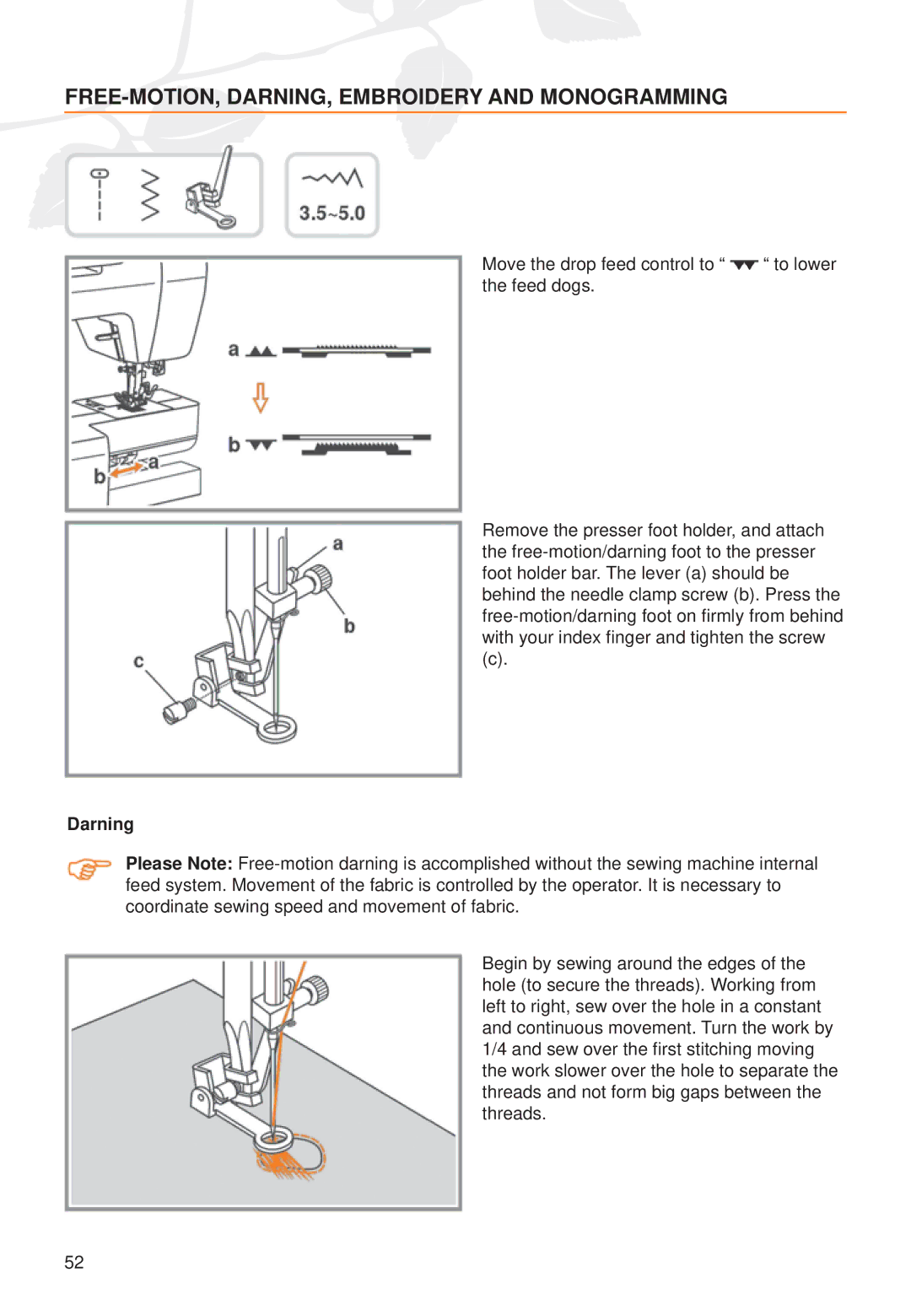 Husqvarna C20, C10 manual FREE-MOTION, DARNING, Embroidery and Monogramming, Darning 