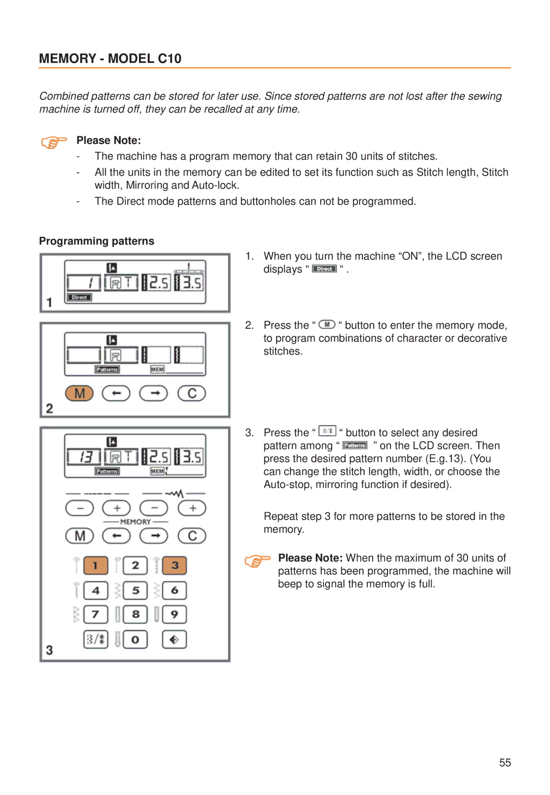 Husqvarna C20 manual Memory Model C10, Programming patterns 