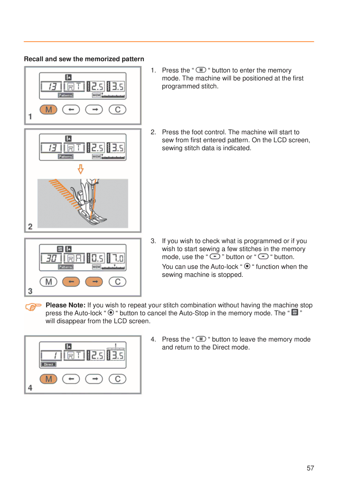 Husqvarna C10, C20 manual Recall and sew the memorized pattern 