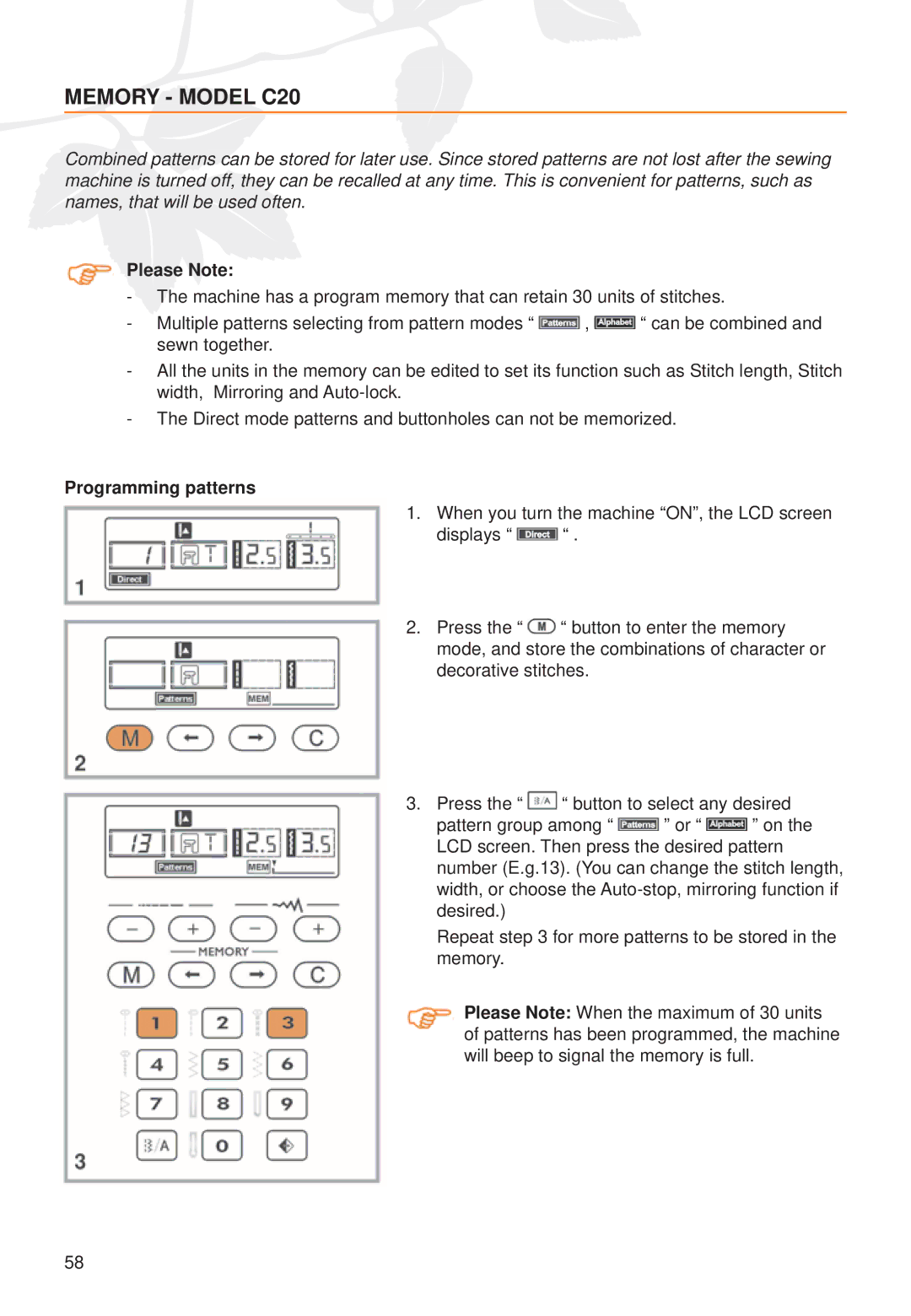 Husqvarna C10 manual Memory Model C20, Please Note 