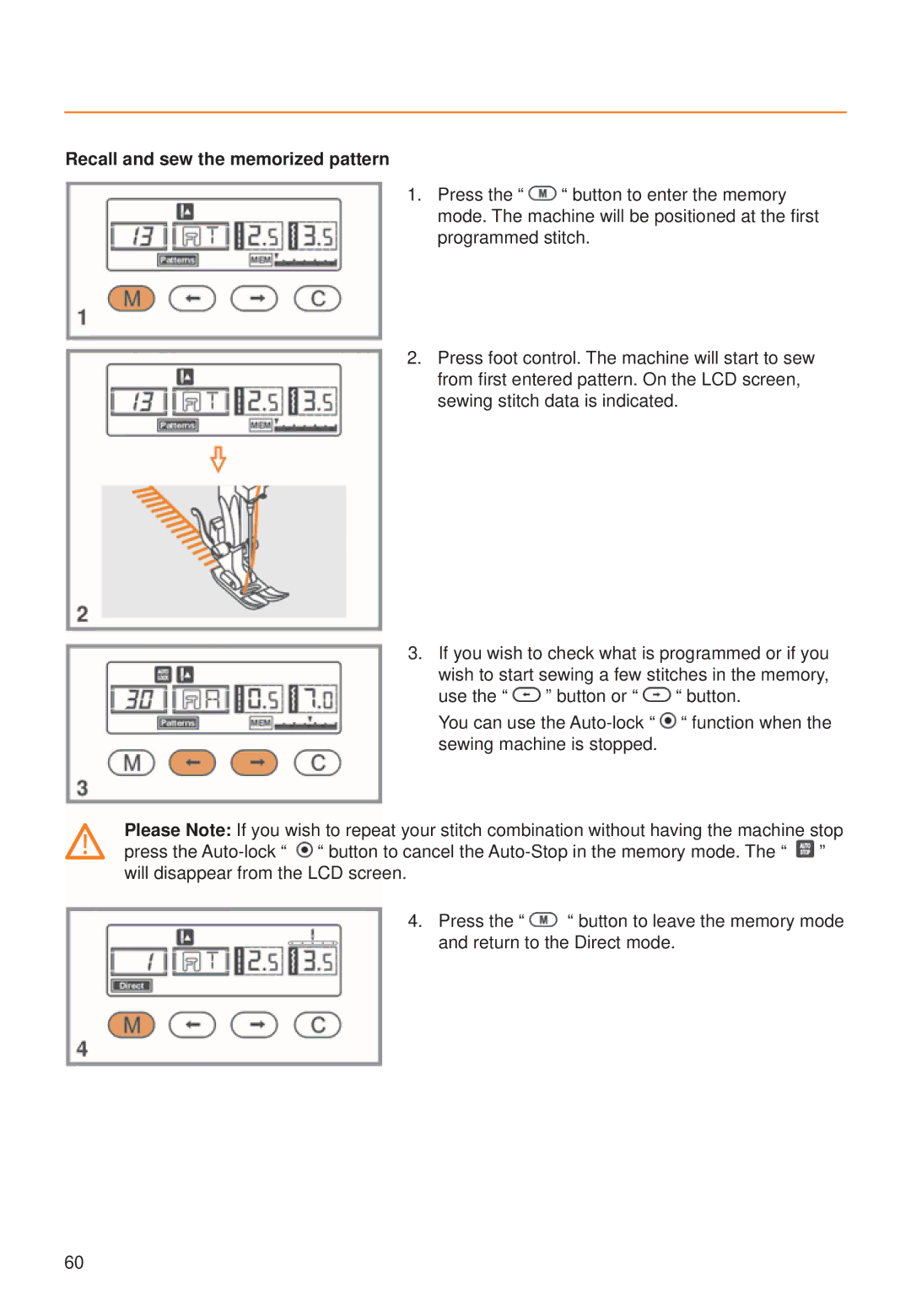 Husqvarna C20, C10 manual Recall and sew the memorized pattern 