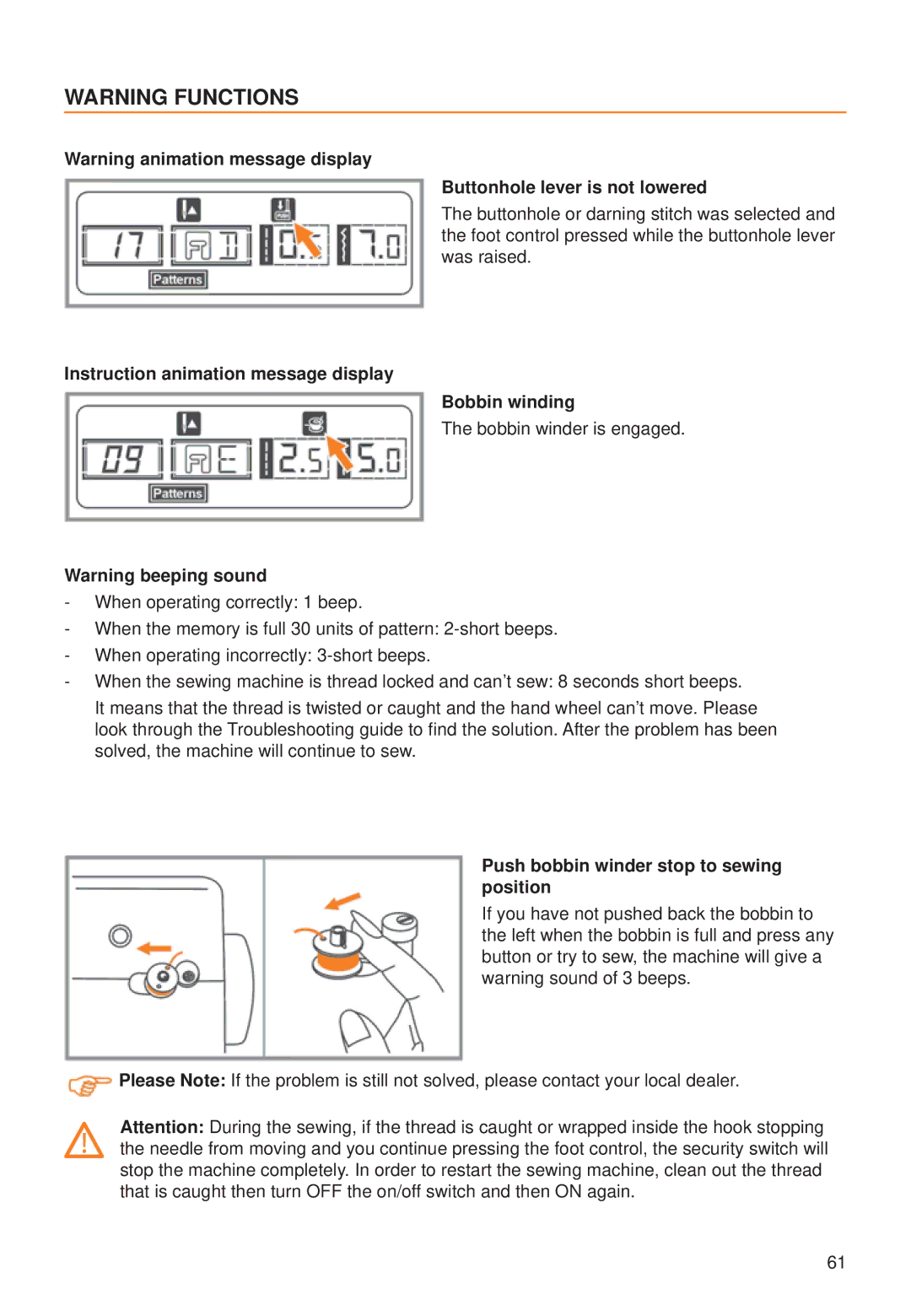 Husqvarna C10, C20 manual Buttonhole lever is not lowered, Instruction animation message display Bobbin winding 