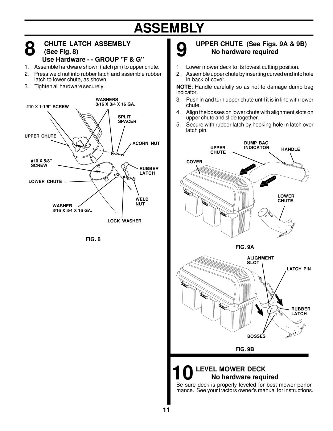 Husqvarna C342B owner manual Chute Latch Assembly, See Fig Use Hardware - Group F & G, Upper Chute See Figs a & 9B 