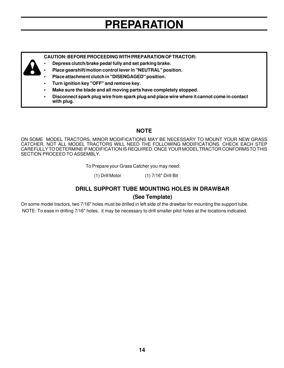 Husqvarna C342B owner manual Preparation, Drill Support Tube Mounting Holes in Drawbar, See Template 