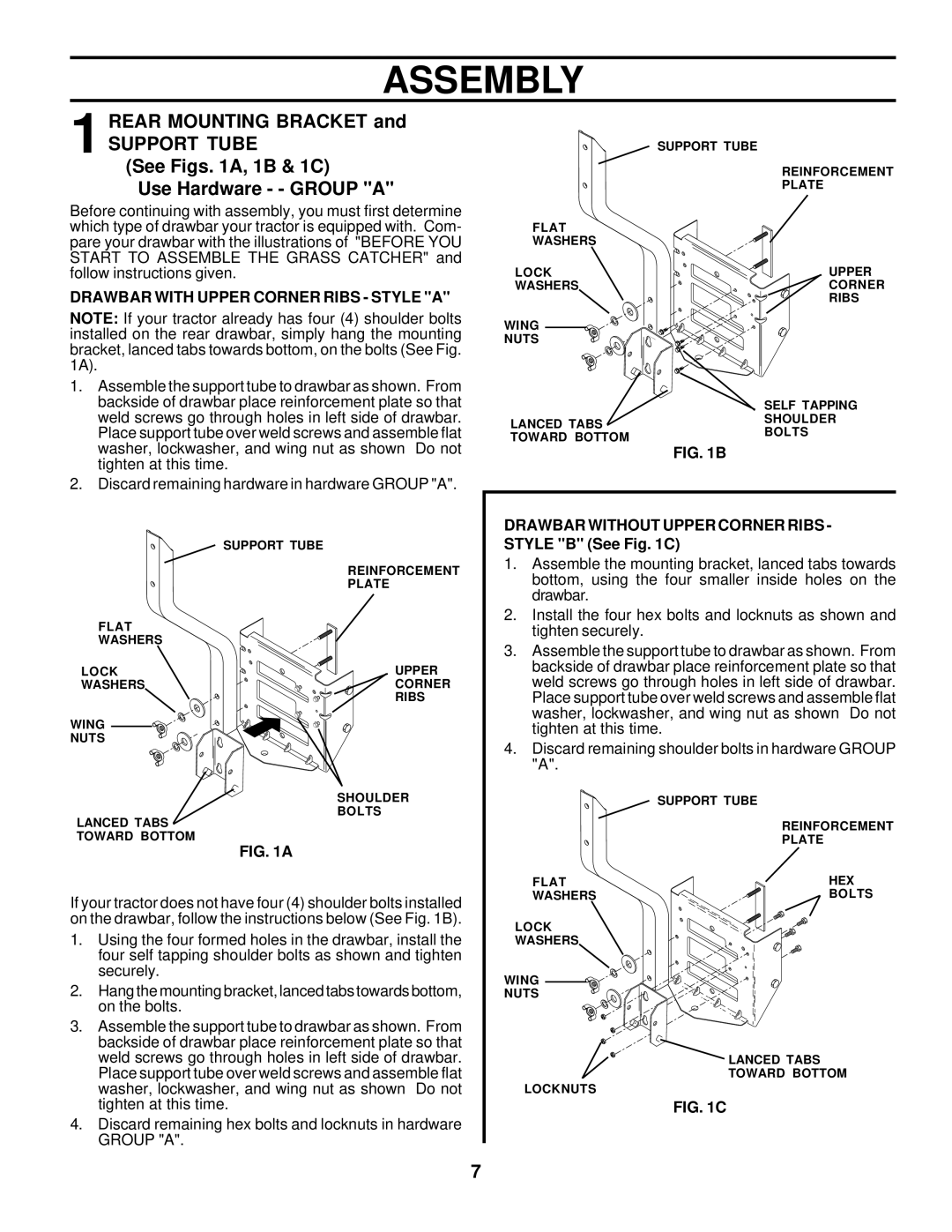 Husqvarna C342B owner manual Rear Mounting Bracket, Support Tube, See Figs A, 1B & 1C Use Hardware - Group a 