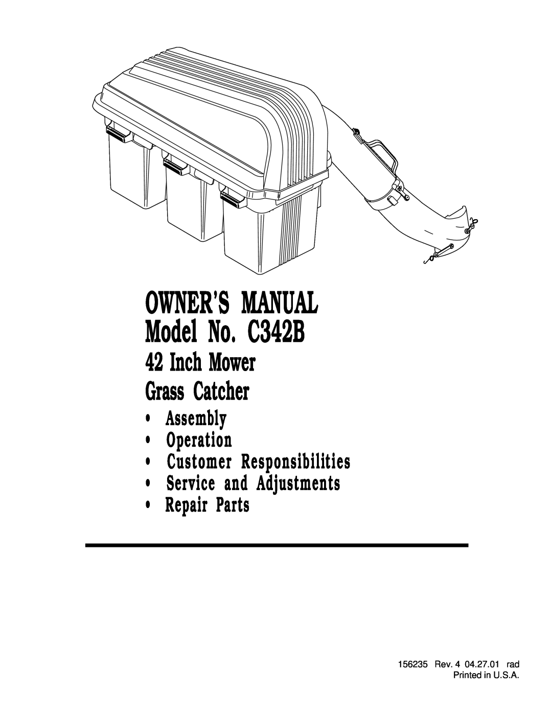 Husqvarna C342B owner manual Inch Mower Grass Catcher, Repair Parts 