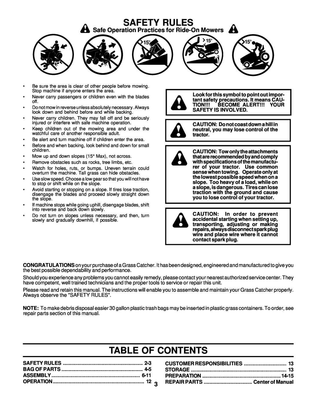 Husqvarna C342B Table Of Contents, Safety Rules, Safe Operation Practices for Ride-On Mowers, Customer Responsibilities 