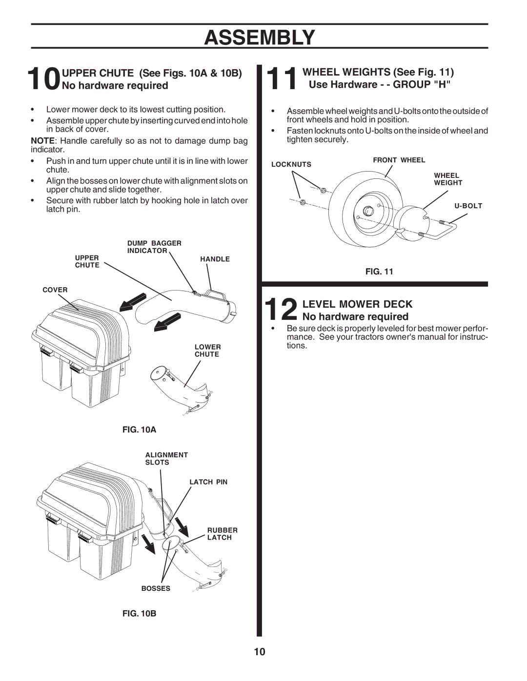 Husqvarna C36C manual 10UPPER Chute See Figs a & 10B No hardware required, 11WHEEL Weights See Use Hardware - Group H 