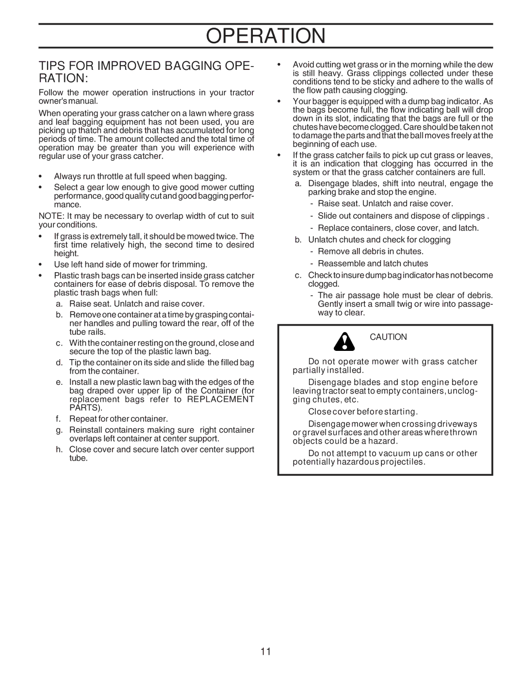 Husqvarna C36C manual Operation, Tips for Improved Bagging OPE- Ration 