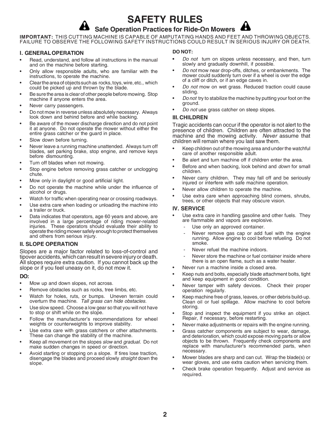 Husqvarna C36C manual Safety Rules, Safe Operation Practices for Ride-On Mowers 