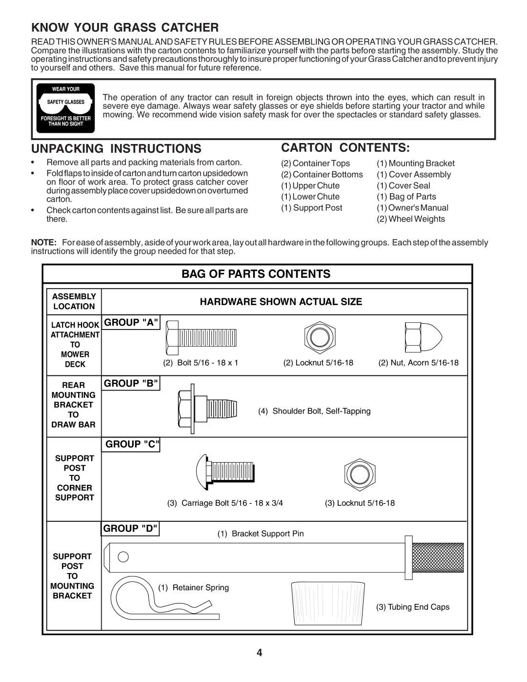 Husqvarna C36C manual Know Your Grass Catcher, Unpacking Instructions, Carton Contents 