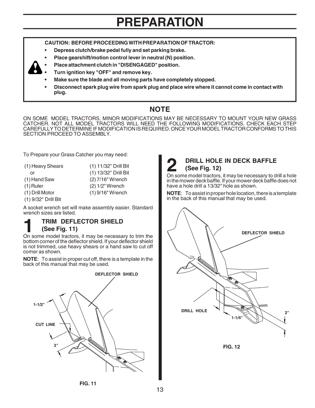 Husqvarna C38D manual Preparation, Trim Deflector Shield, See Fig, Drill Hole in Deck Baffle 