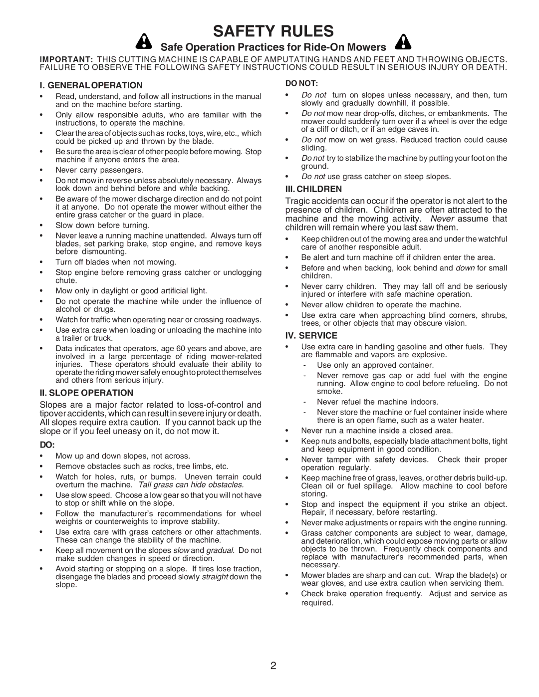 Husqvarna C38D manual Safety Rules, Safe Operation Practices for Ride-On Mowers 