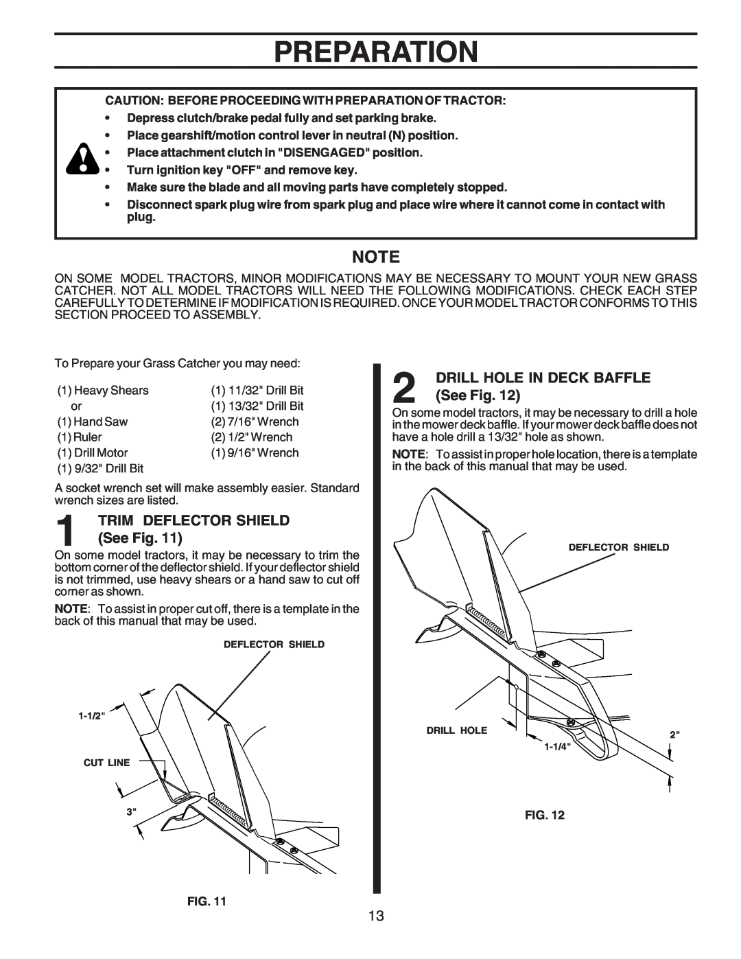 Husqvarna C38D manual Preparation, Trim Deflector Shield, See Fig, Drill Hole In Deck Baffle 
