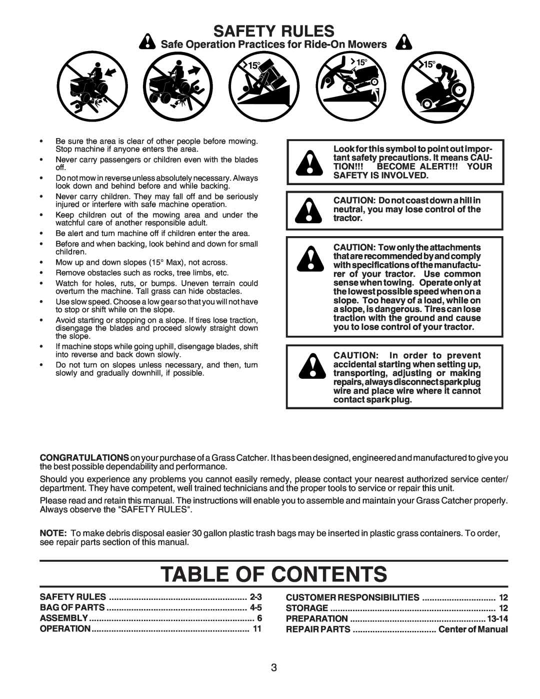 Husqvarna C38D Table Of Contents, Safety Rules, Safe Operation Practices for Ride-On Mowers, Customer Responsibilities 