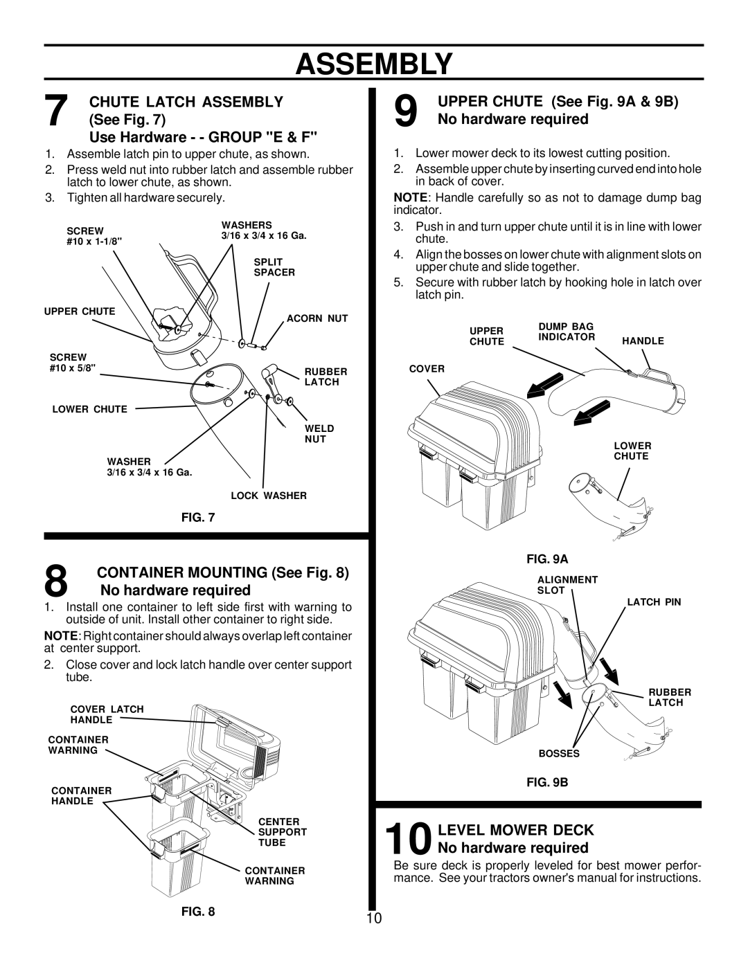 Husqvarna C42C Chute Latch Assembly, Upper Chute See a & 9B, See Fig No hardware required Use Hardware - Group E & F 