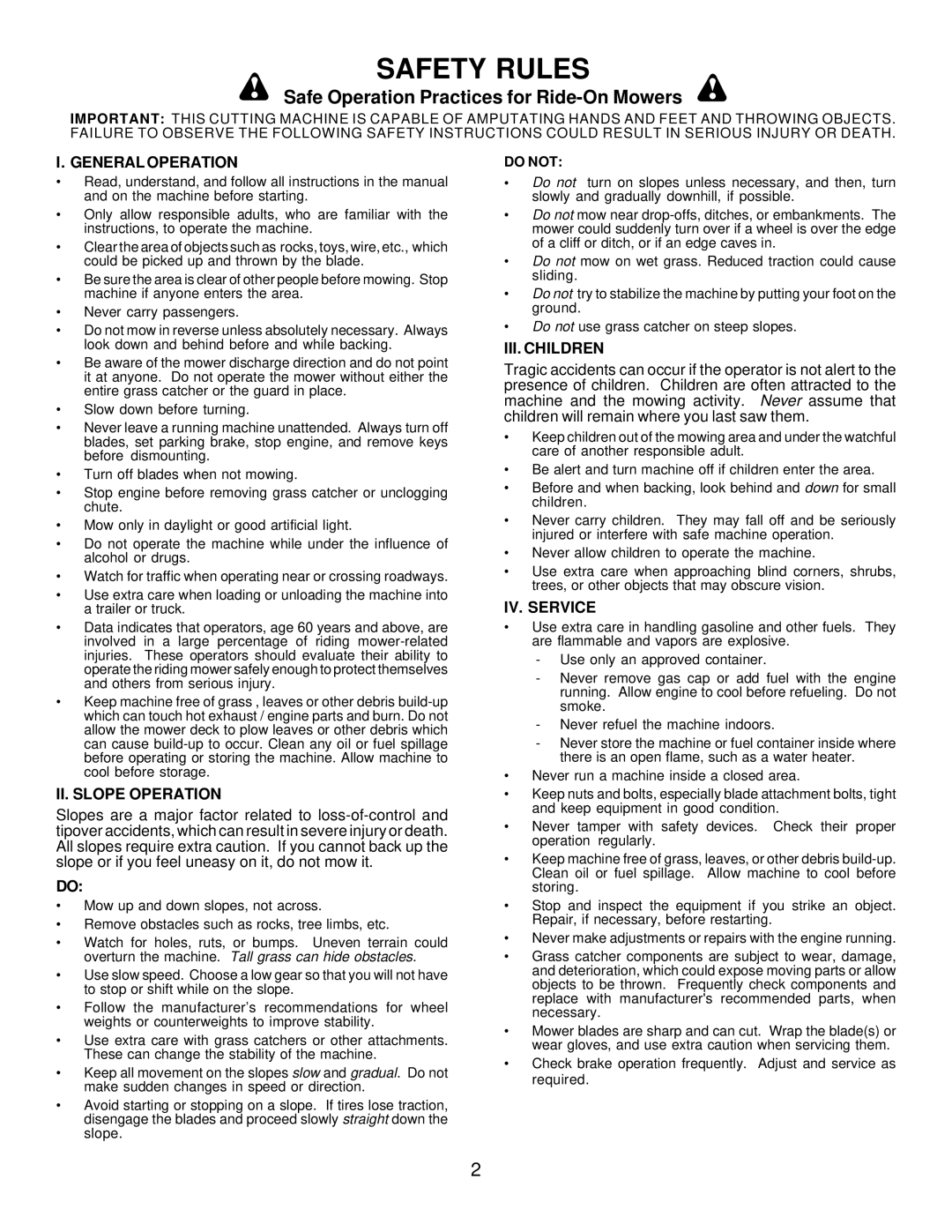 Husqvarna C42C owner manual Safety Rules, Safe Operation Practices for Ride-On Mowers 