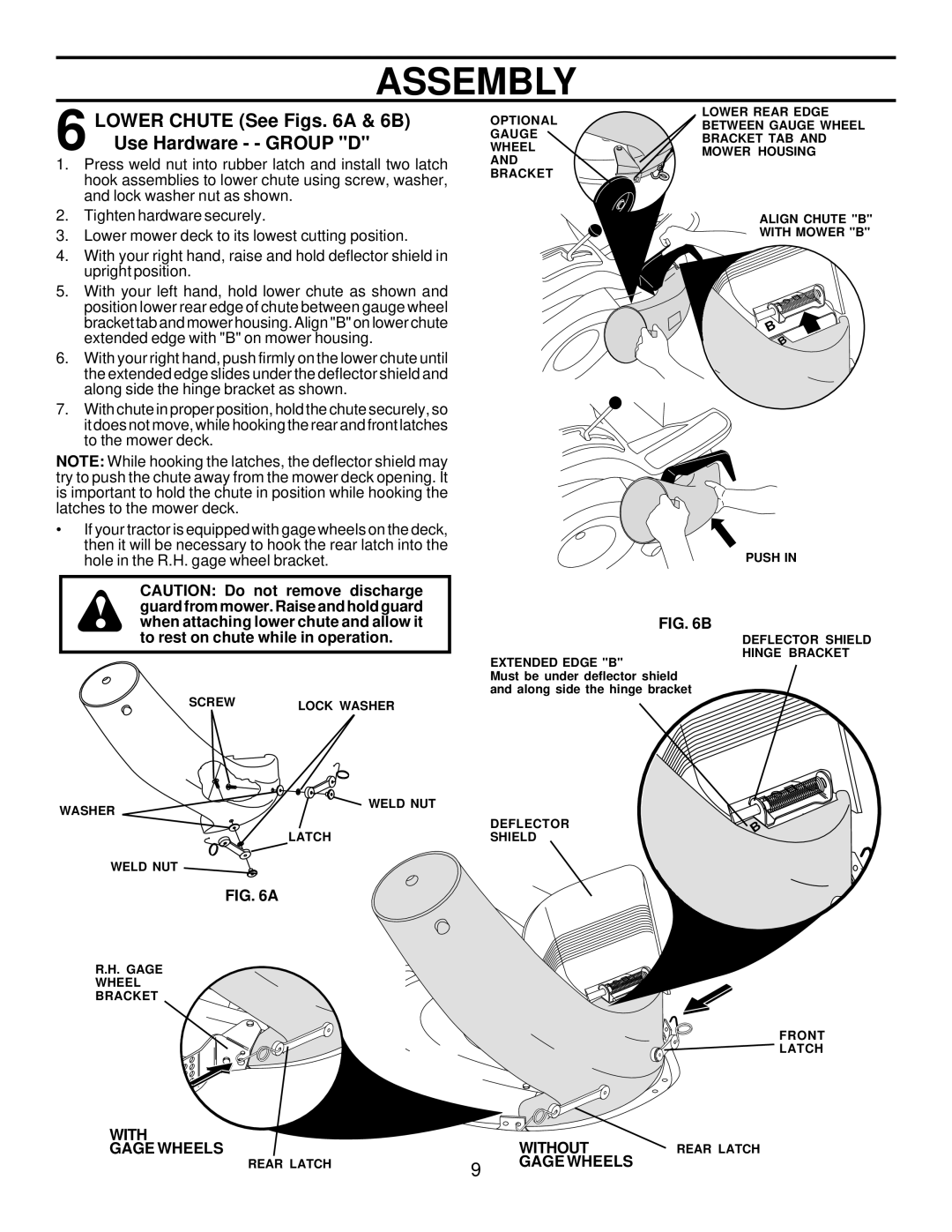 Husqvarna C42C owner manual Lower Chute See Figs a & 6B Use Hardware - Group D 