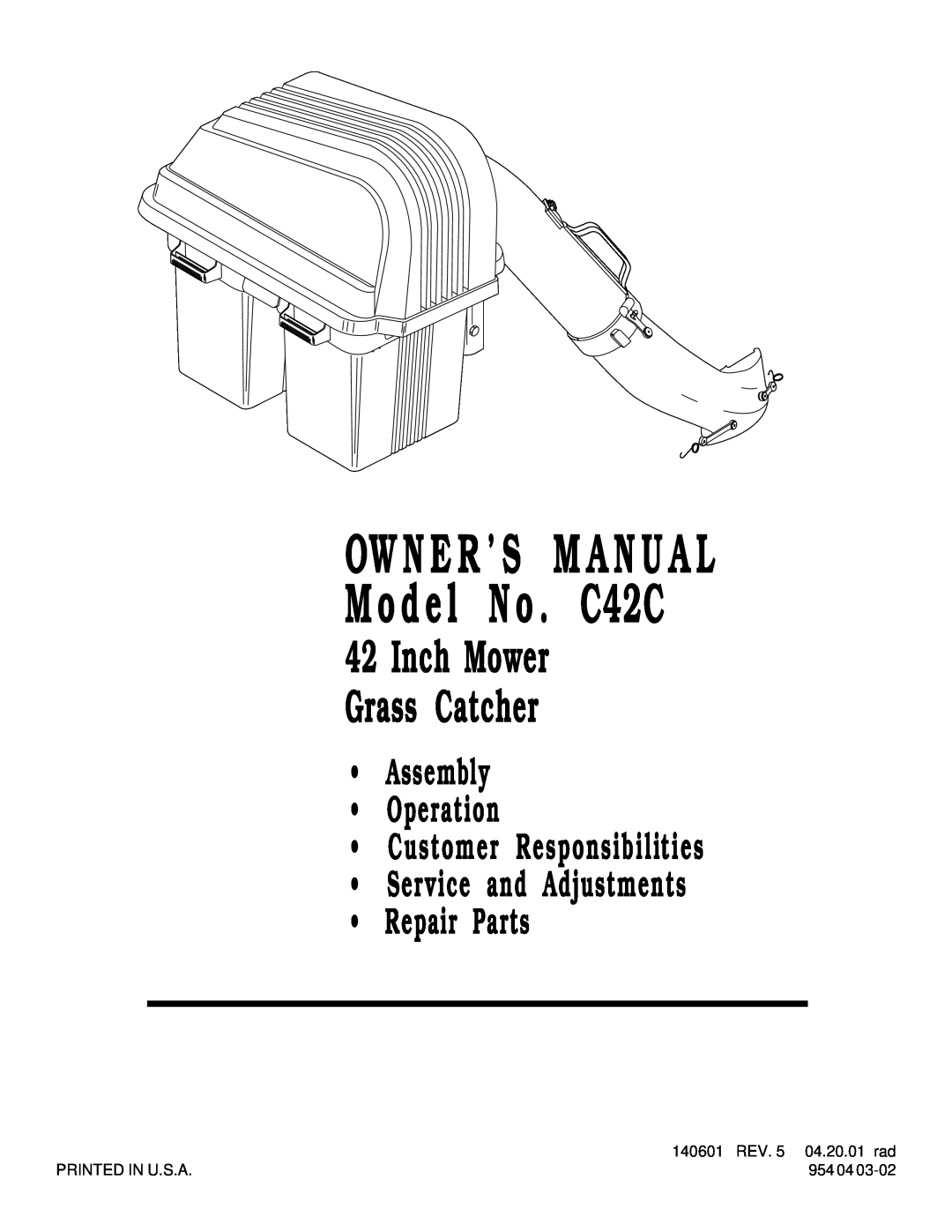 Husqvarna C42C owner manual Inch Mower Grass Catcher, Assembly Operation Customer Responsibilities Service and Adjustments 