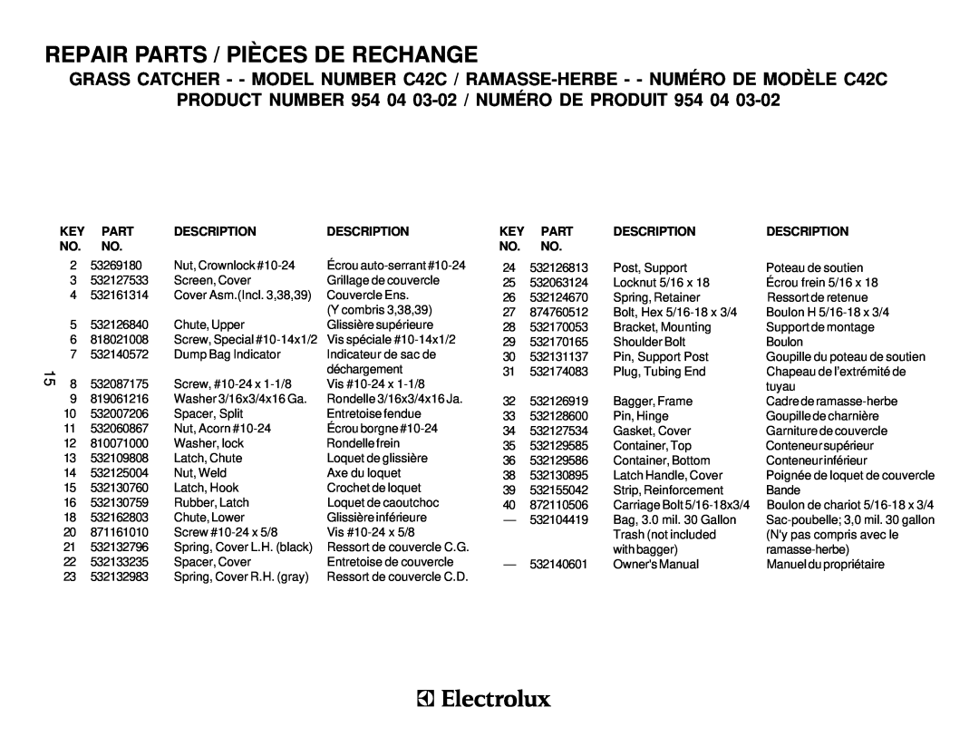 Husqvarna C42C owner manual Repair Parts / Piè Ces De Rechange, PRODUCT NUMBER 954 04 03-02 / NUMÉ RO DE PRODUIT, 53269180 