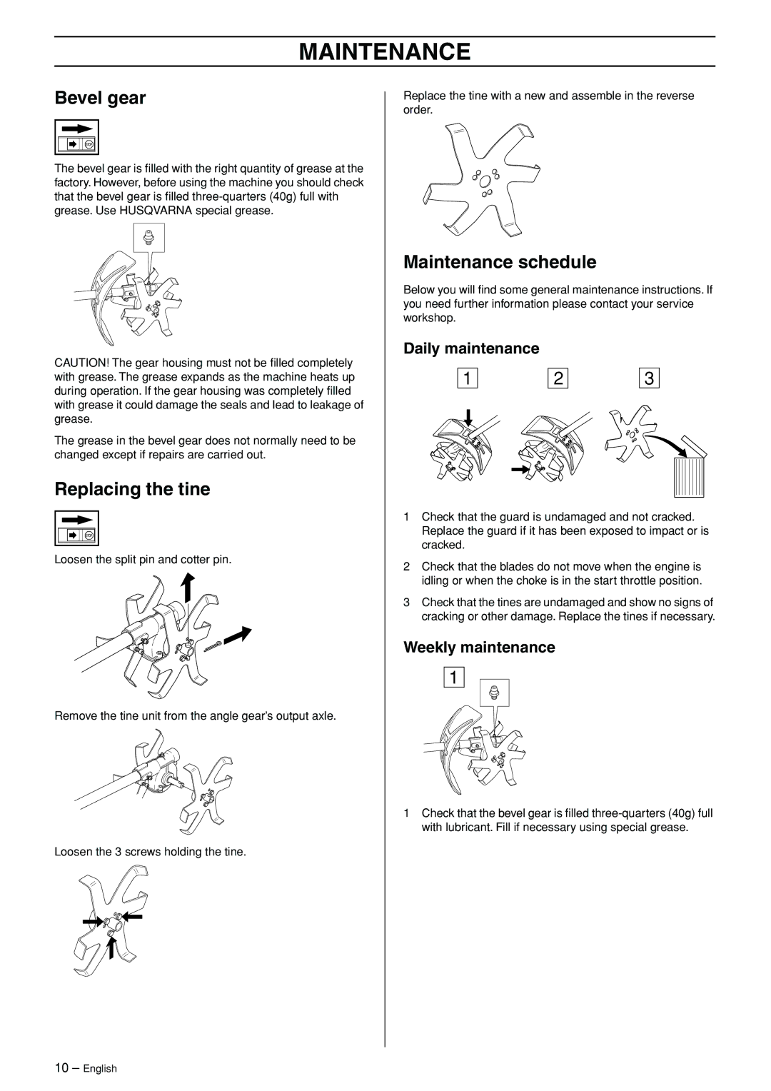 Husqvarna CA 150 manuel dutilisation Bevel gear, Replacing the tine, Maintenance schedule 