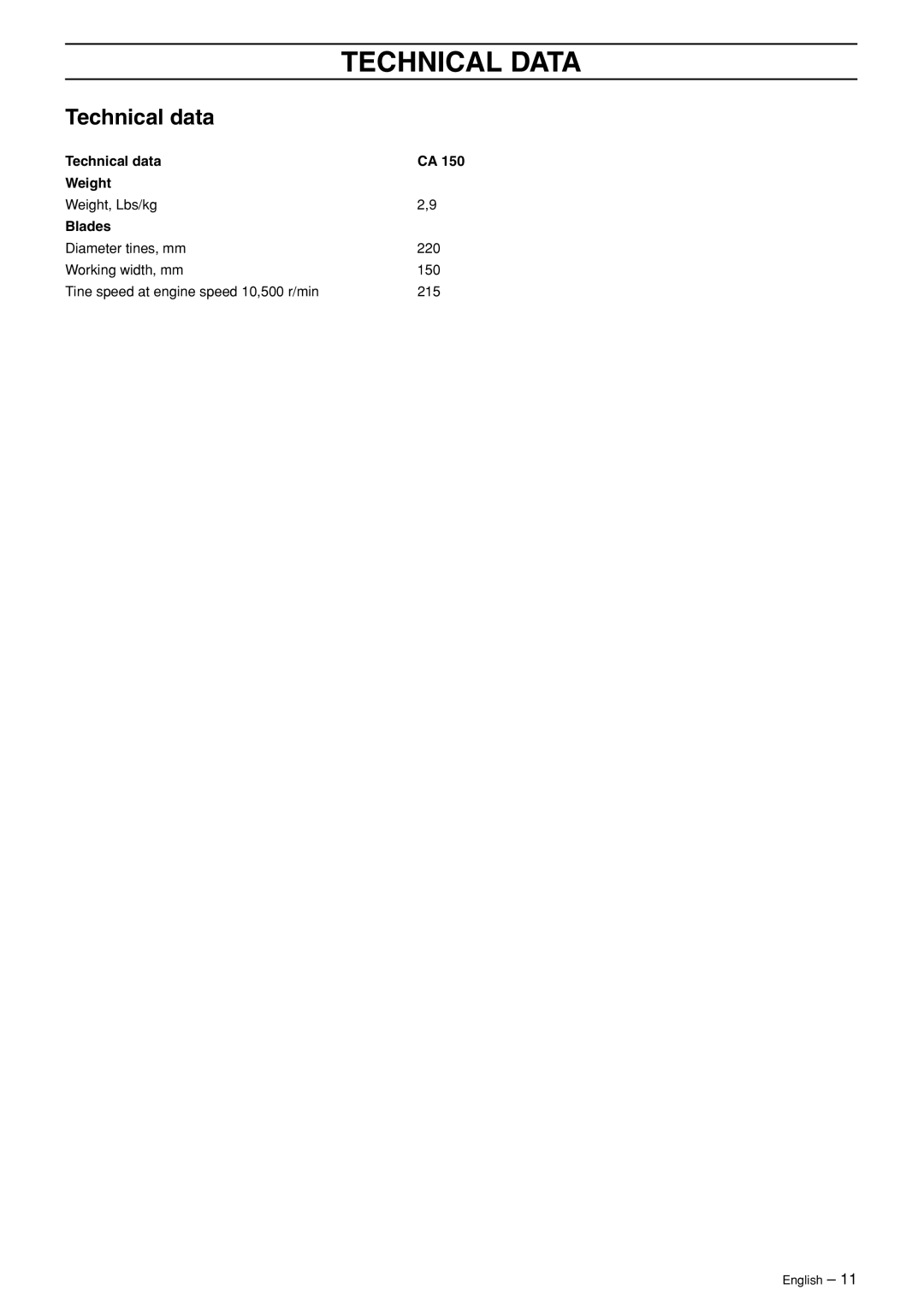 Husqvarna CA 150 manuel dutilisation Technical Data, Technical data 