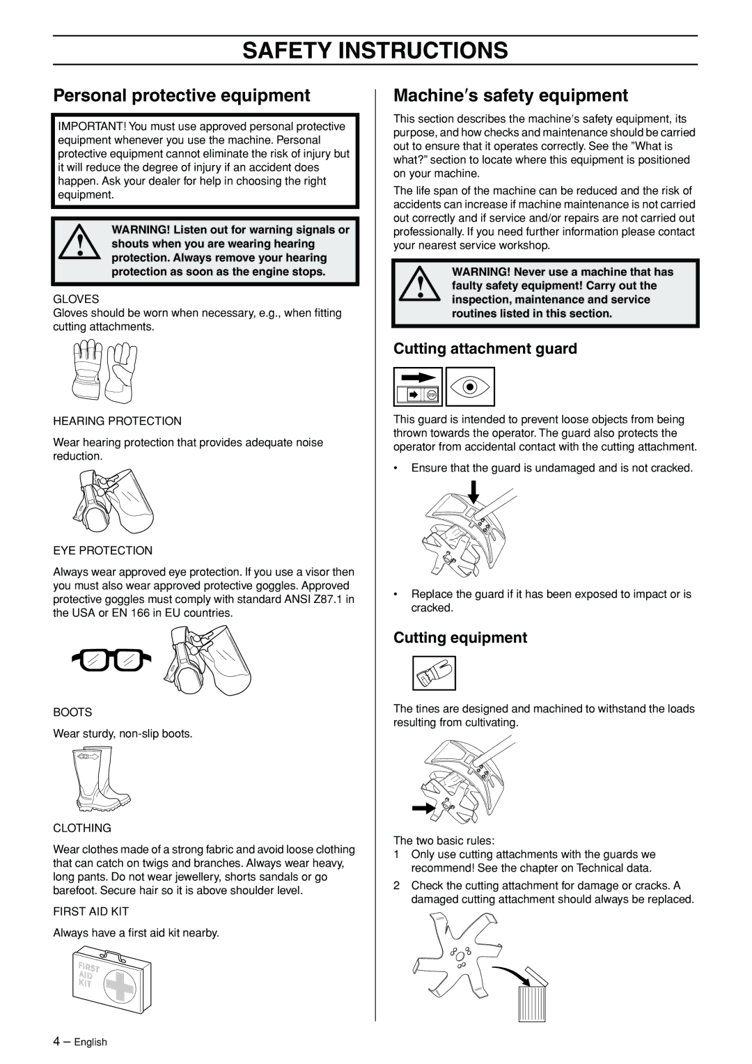 Husqvarna CA 150 Safety Instructions, Personal protective equipment, Machine′s safety equipment, Cutting attachment guard 