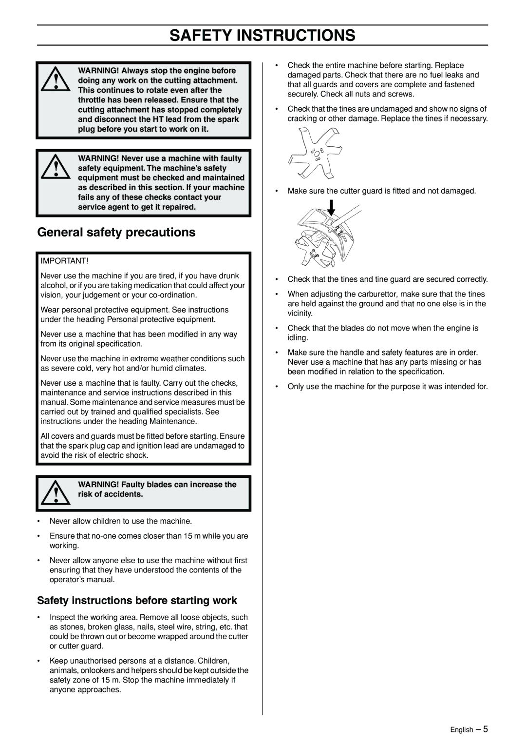 Husqvarna CA 150 manuel dutilisation General safety precautions, Safety instructions before starting work 