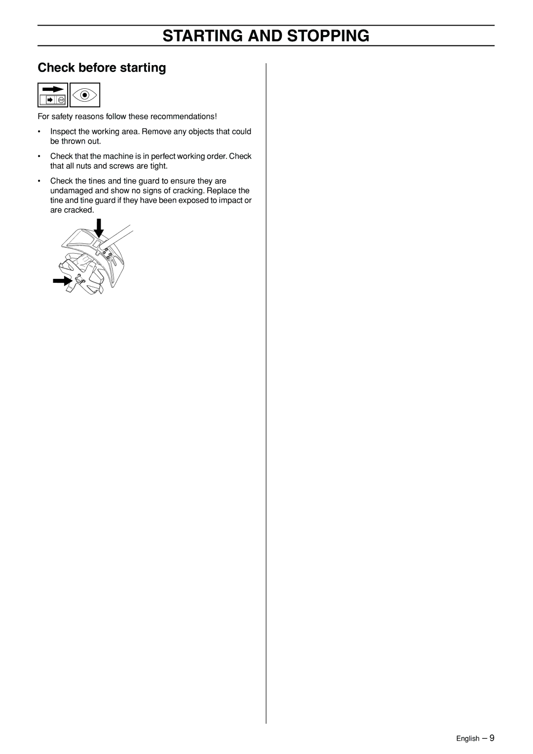 Husqvarna CA 150 manuel dutilisation Starting and Stopping, Check before starting 