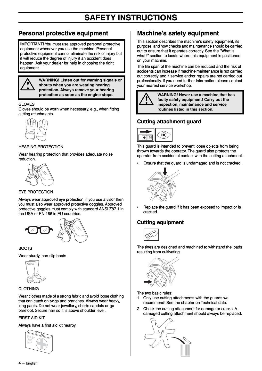 Husqvarna CA 150 Safety Instructions, Personal protective equipment, Machine′s safety equipment, Cutting attachment guard 